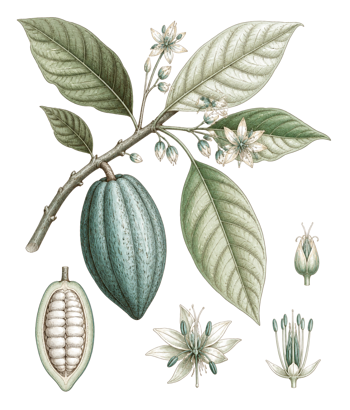 Scientific botanical illustration of the cacao plant, showing pod, leaves and flower detail